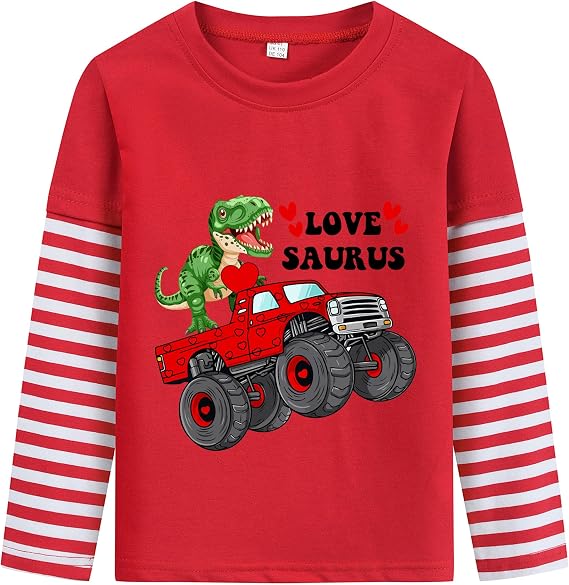 DDSOL Boys Toddler Valentines Shirt Dinosaur Monster Truck Tractor Long Sleeve T-Shirt Love Hearts Tee Top Kid Clothes