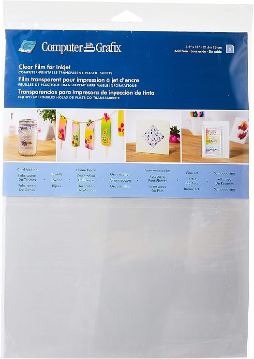 Computer Grafix Ink Jet Film - Printable Film for Creating Custom Overlays, Journals, Window Effects, Stickers, Photos, Jewelry and More, Ink Jet Printers Only, 8.5 x 11, Clear, 6 Pack