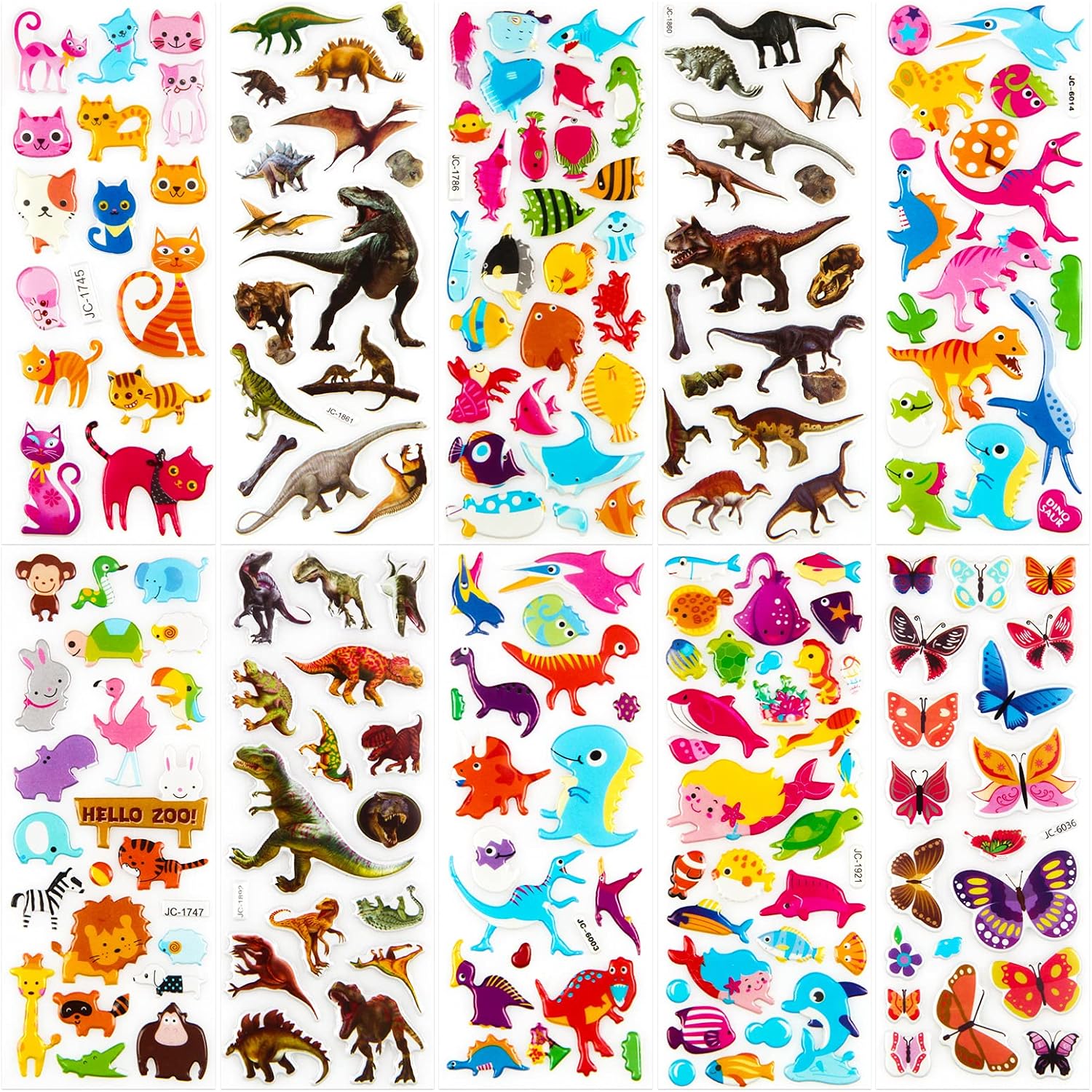 Meafeng Animal Puffy Stickers for Kids, 52 Sheets, 1100 Stickers, 3D, Multicolor, Cartoon, Waterproof, Reusable