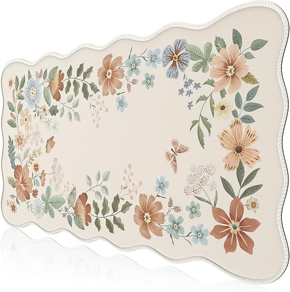 HAOCOO Scalloped Desk Matt for Desktop, Non-Slip Mouse Pad, Washable Cute Desk Pad Mat, Floral Keyboard Mat with Edge Stitching, Large Mouse Mat for Office Aesthetics, Home Decor(Beige)