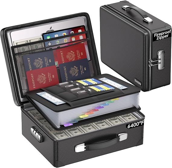 DocSafe 6400F Fireproof Document Box with Lock, 10 Layers Heat Insulated | Fire&Water Resistant,Hard Case Safe Box with Zipper&Multi Pockets, Protects Personal Items,Documents,Laptop,Passport,Black
