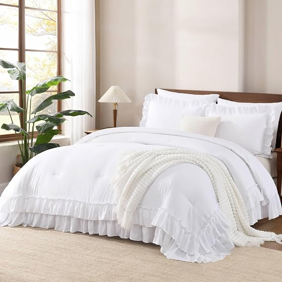 Andency White Ruffle Comforter Set King, Shabby Chic Farmhouse Bedding Comforter, Soft Lightweight Fluffy Microfiber Bet Set All Season 3 Pieces Solid Comforter Set