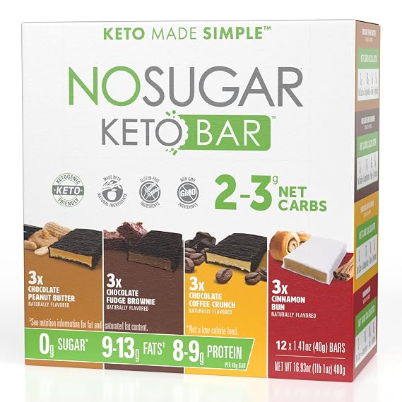 No Sugar Keto Bar Snack, Variety Pack, Low Carb Healthy Snack, 480g | 9g Dietary Fiber, 9g Plant Protein, 13g Healthy Fat, Keto-Friendly Macros, Diabetic-friendly, Gluten-free, Non-GMO, 24 Bars