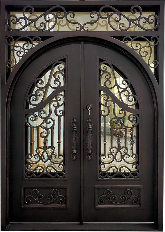 64" Wx92 H Thermal Break Wrought Iron Exterior Entry Front Double Door, 80" High Prehung Door with 12" High Transom, Right Hand in Swing, Gray Tinted Glass, Square Top Round Inside, Oil Rubbed Bronze