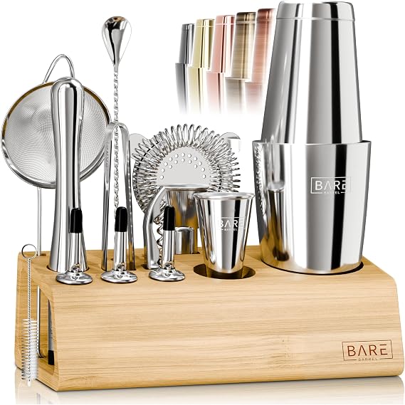 BARE BARREL Mixology Bartender Kit Bar Set | 14-Piece Cocktail Shaker Set | Martini Barware Mixing Tools for Home Bartending | Incl. 35 Recipe Cards | Gift Set (28oz Boston Shaker, Silver/Natural)