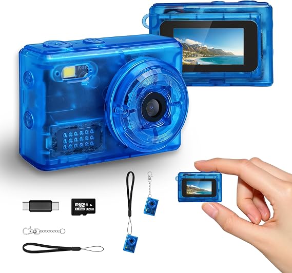 Y2K Mini Blue Keychain Camera, 1080P HD & 2MP, 32GB Card