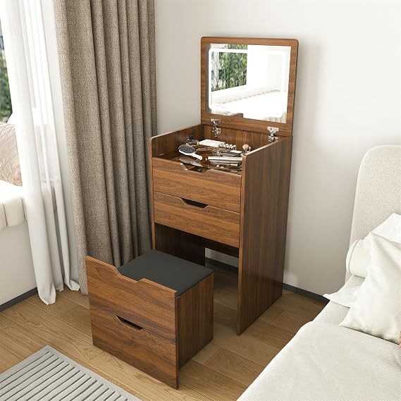 3 in 1 Vanity Desk with Mirror and Lights,Flip Top Compact Makeup Dressing Table Set,Visible Glass Desktop,3 Drawers,Cushioned Tool,3 Light Mode,for Bedroom,Walnut