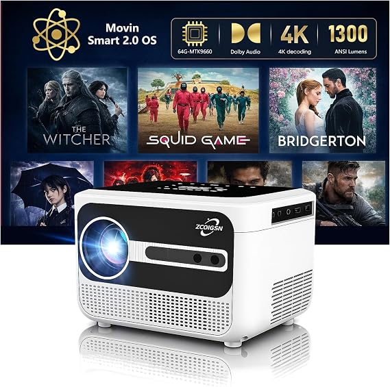 Smart Projector 4K with Movin OS - Official Apps, Hight Bright 1300 ANSI HDR10, ToF Auto Focus Keystone MEMC, 30W DB Audio, WiFi Bluetooth, 64G Premium Portable Projector for Home Theater, Gaming