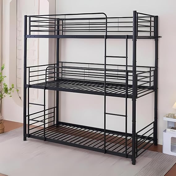 Reinforced Beds Bircham 3 Tier Bunk Bed – Black Metal Triple Stacker, Triple Single Bunk, Space-Saving Metal Bed for Hostels, Dorms & Shared Rooms (Single)
