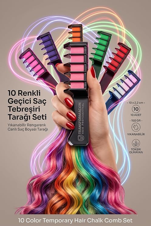 Transformacion 10 Renkli Geçici Saç Tebeşiri Tarağı Seti - Yıkanabilir Rengarenk Canlı Saç Boyası Tarağı Doğum Günü, Kostüm Partisi ve Festival Eğlence Taraklı Saç Renklendirici Set 723333