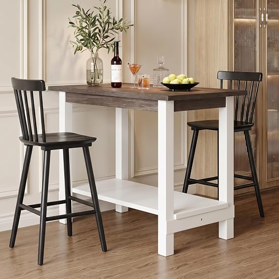 Kmax 47.25" Kitchen Island with Storage, Farmhouse Solid Wood Stationary Dining Table with Large Worktop, Modern Coffee Bar Table for Small Space, Brown Brush and White