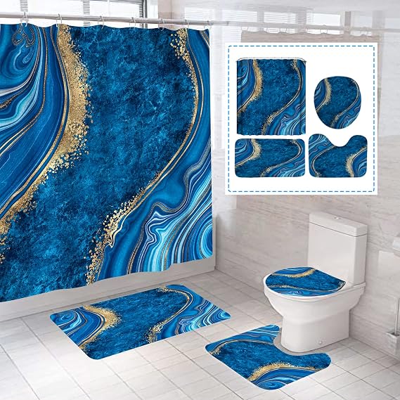 4Pcs Luxury Marble Shower Curtain Sets, Blue, 72 x 72 Inch