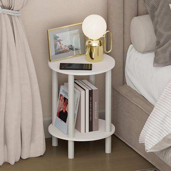 Furinno Turn-N-Tube Night Stand, 2-Tier Round Small Nightstand, Toolless Assembly Narrow End Table with Open Shelf, Side Table, Bedside Table, for Bedroom, Closet, Dorm, White