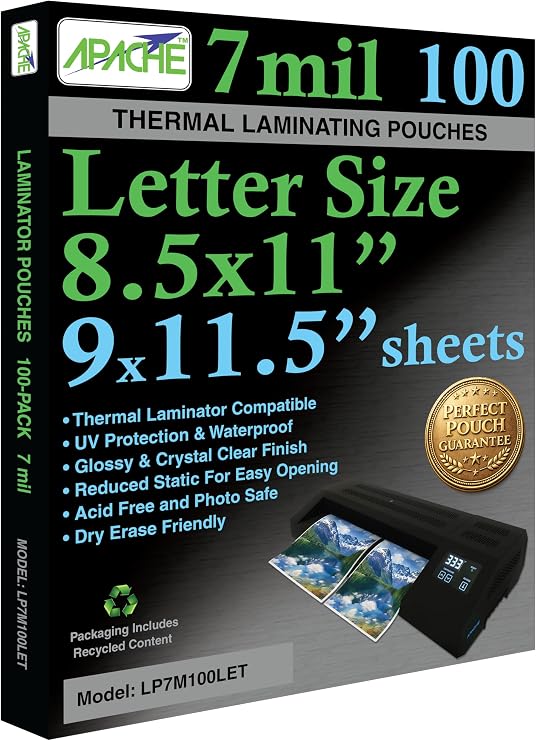 Apache Letter Size Laminating Pouches, 7 Mil, 100 Pack, Holds 8.5 x 11 Inch Projects (9 x 11.5 Inch Pouch Size), Thermal Laminator Compatible Laminating Sheets, Super Clear, Round Corners