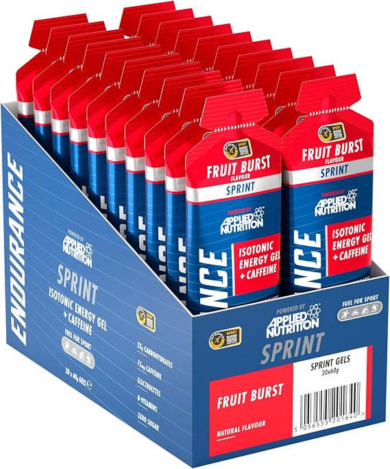 Sprint | Energy Gel with Caffeine | Easy to Digest | Improves Alertness & Concentration | Zero Fat Zero Sugar | 23g Carbohydrates + Electrolytes & B-Vitamins (Pack of 20 x 60 gram) (Fruit Burst)