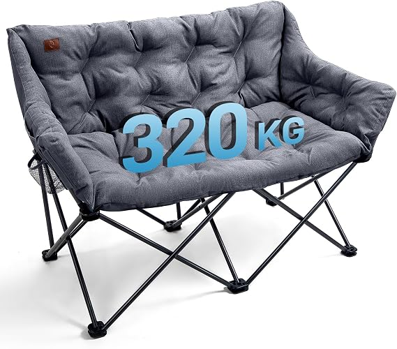 EVER ADVANCED Camping Sofa for 2 People Foldable 2 Seater Chair Folding Sofa 320 kg Load Capacity Luxury XXL Extra Long Thick Padded High Backrest for Outdoor Garden Balcony Indoor Grey
