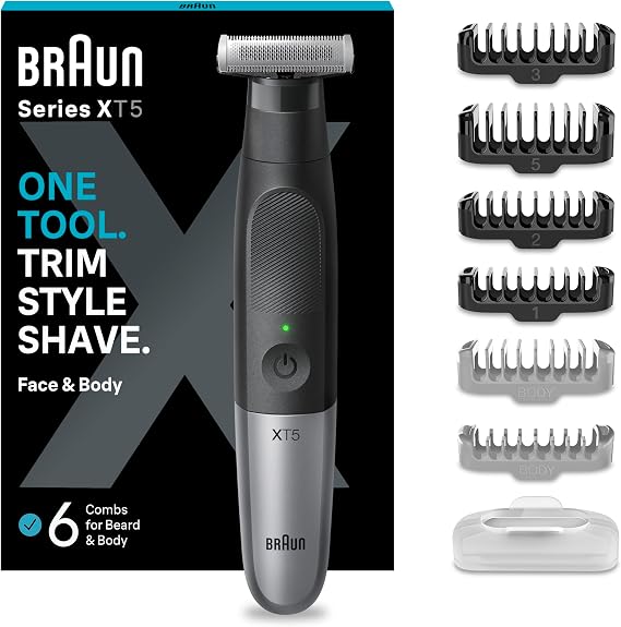 Braun OneBlade Hybrid Electric Beard Trimmer & Electric Shaver for Men, Body Groomer for Manscaping with Travel Pouch, Gifts for Men, Model XT5200, Black