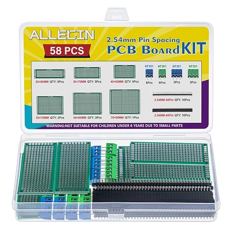 58Pcs 6 Sizes Double Sided PCB Circuit Prototype Solder Board Kit with 2.54mm 40pin Male Female Header Connector and 5mm KF301 Screw Terminal Block for DIY Soldering