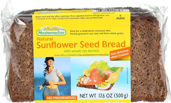 Mestemacher Natural Sunflower Seed Bread, 17.6 oz | German Whole Grain Bread with Sunflower Seeds | High Fiber | Vegan & Shelf-Stable
