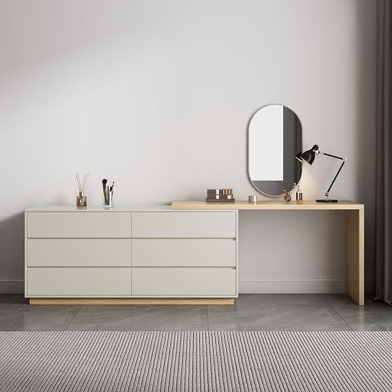 L-Shaped Corner Dressing Table 6 Drawer Beige Vanity Desk Extendable Desk