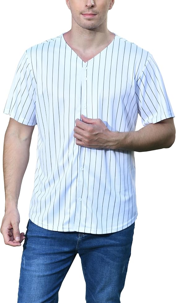 BAICAIYU Men's Baseball Jersey Sports Stripe Softball Shirt Short Sleeve Club Casual Fashion Button V-Neck