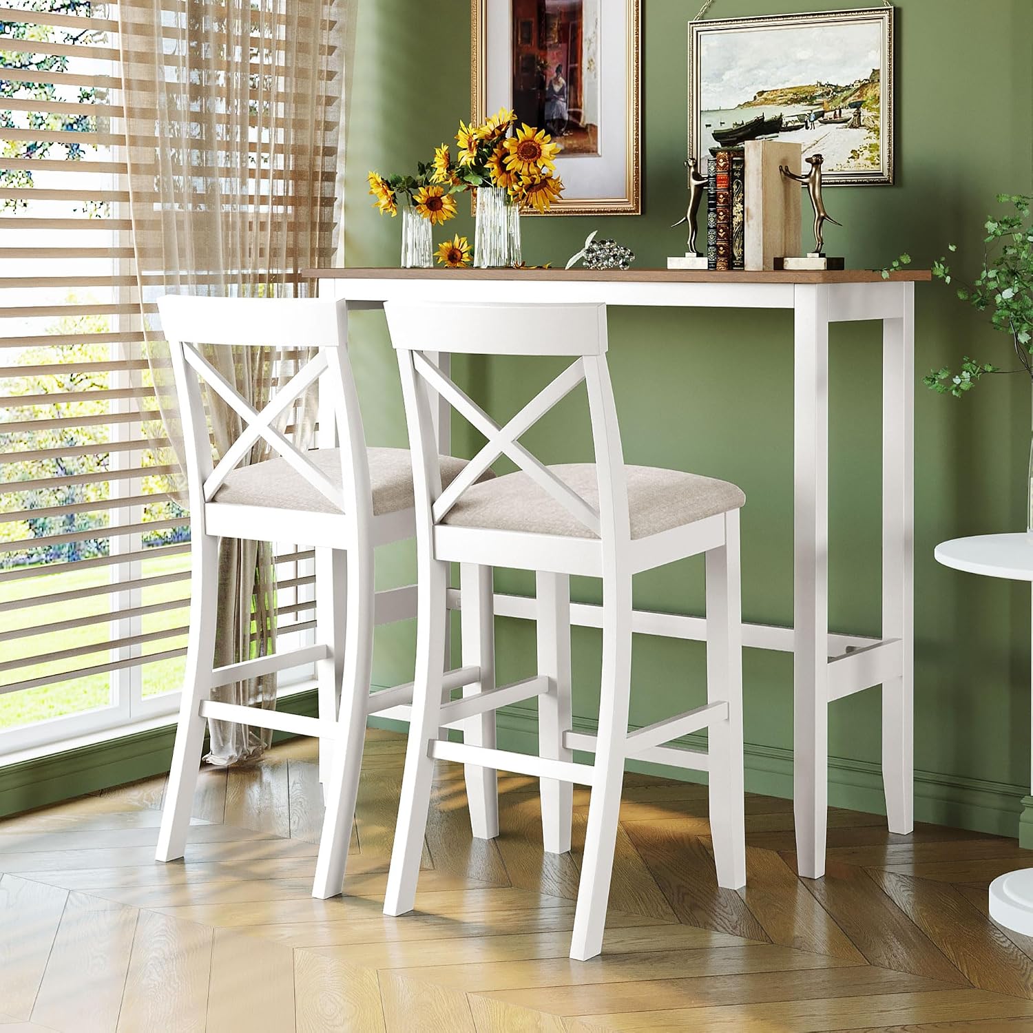 3 Piece Dining Table Set, Farmhosue Kitchen Bar Table Set with 2 Upholstered Chairs, Solid Wood Bar Table and Chairs Set for Kitchen, Dining Room, Living Room, Home Bar, White