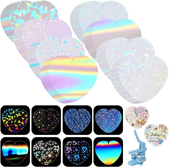 200 Pcs Pin Button Maker Supplies Holographic Film 57 Mm, Heart, 8 Styles