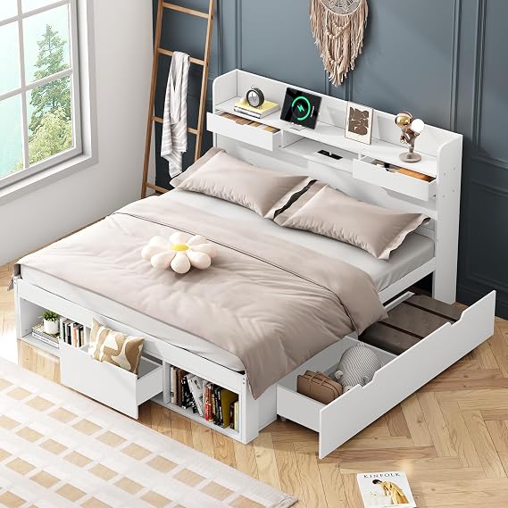 BTM Double Bed with Storage, Double Bed Frame with Drawers, Bookcases and USB Port, Multifunctional Bed with Storage Headboard for Kids, 4ft6-135x190cm, No Mattress