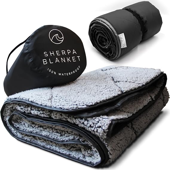 Outdoor Waterproof Stadium Blanket - Thicker Weather Proof and Windproof Blankets for Camping, Sporting Events, Picnic and Car Use - 100% Waterproof Insulated Blanket and Throws (Sherpa, Black)