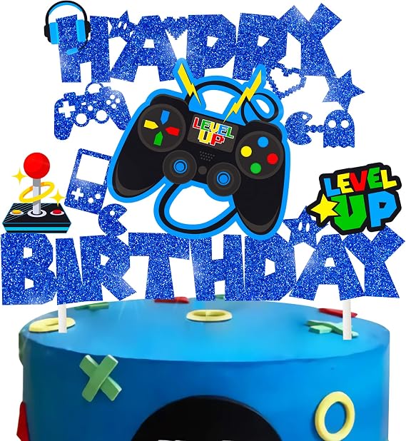 Video Game Birthday Cake Topper Game On Controllers GamePad Cake Decoration Glitter Video Game Theme Party Supplies for Gamer Kids Boys Favors Game Cake Picks Birthday Party Supplies(Blue)