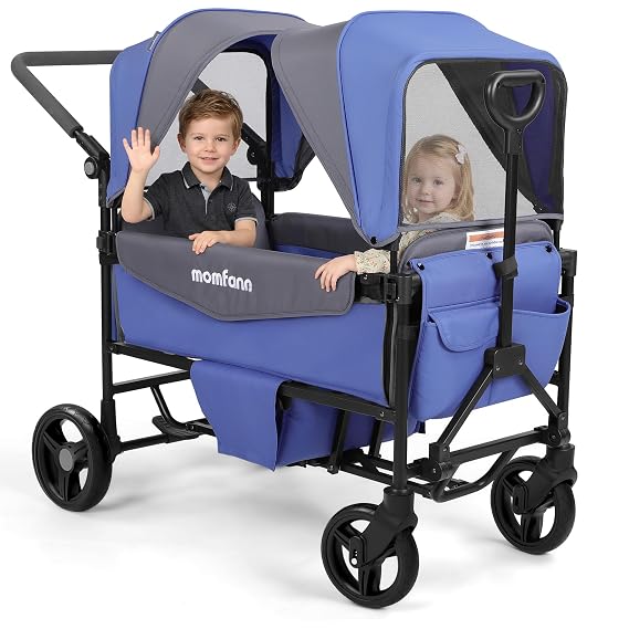 Stroller Wagon for 2 Kids, All-Terrain Wagon Stroller with Foldable, Adjustable Double Push Pull Handle, Large Storage Bag,Removable Canopy, Deep Blue