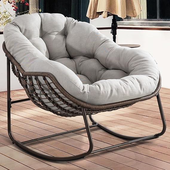 HOMEFUN Outdoor Patio Rocking Chairs, Oversized Papasan Rock Chair | Indoor with Padded Cushion - Rocker Egg for Front Porch, Garden, Backyard Beige
