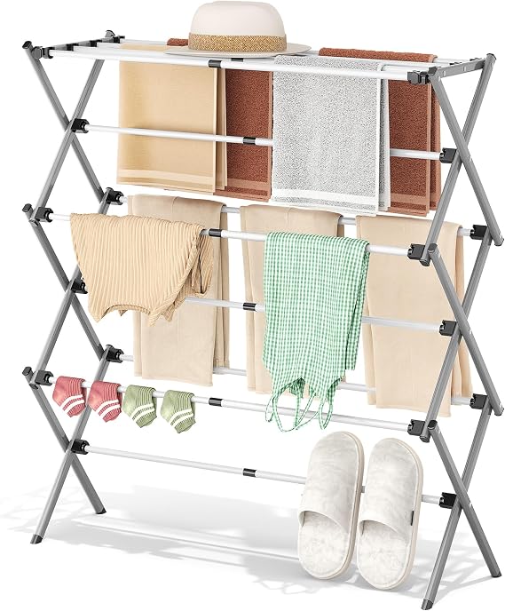 APEXCHASER 3-Tier Foldable Clothes Drying Rack, 37.6" H, Grey/White