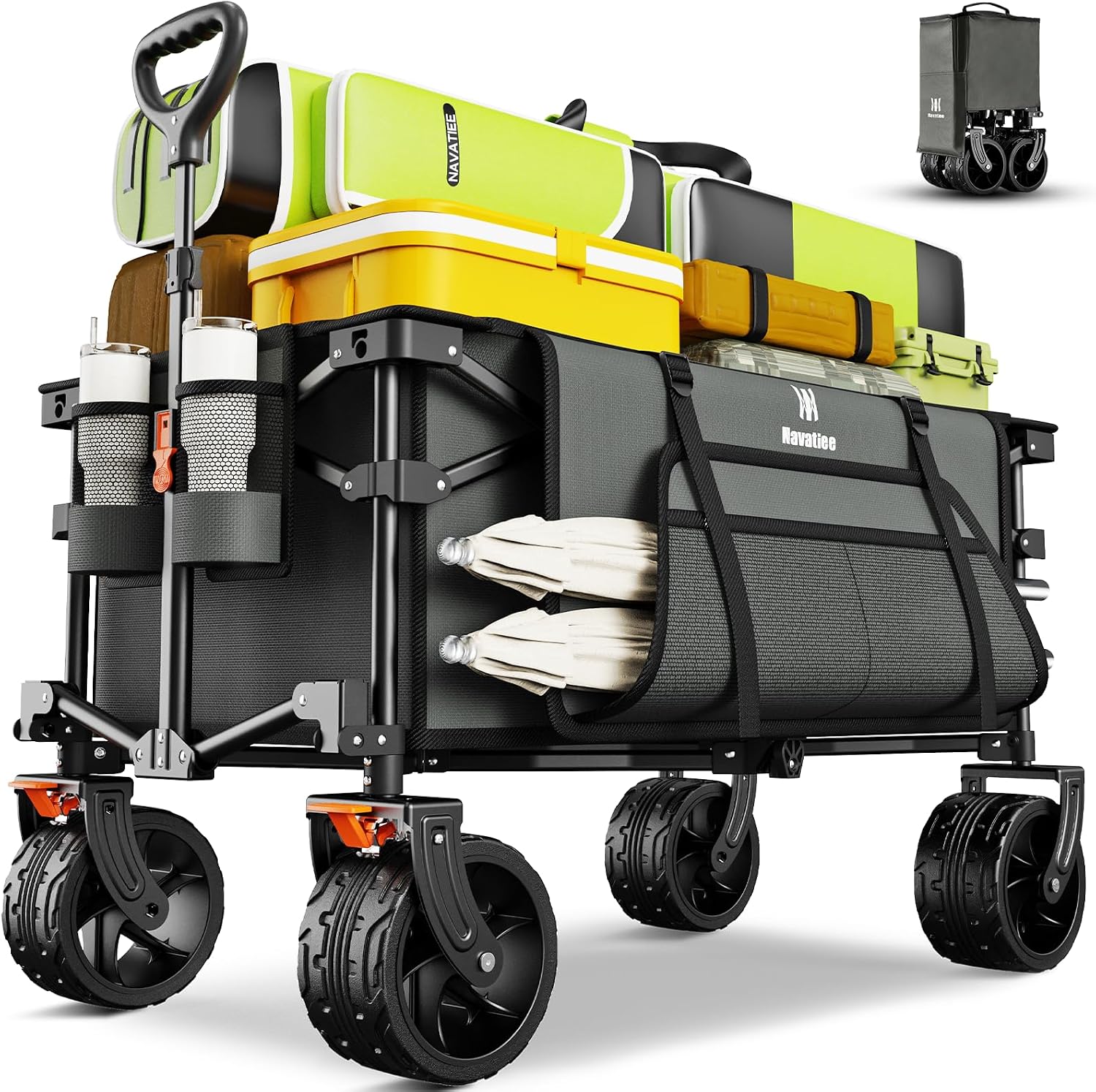 Navatiee Big Wheels 折りたたみ式ワゴンカート 折りたたみ式 高耐久 ビーチワゴン 静かな全地形対応ホイール付き 折りたたみ式ユーティリティ食料品カート サイドポケットとブレーキ付き キャンプ ガーデン スポーツ用 グレー