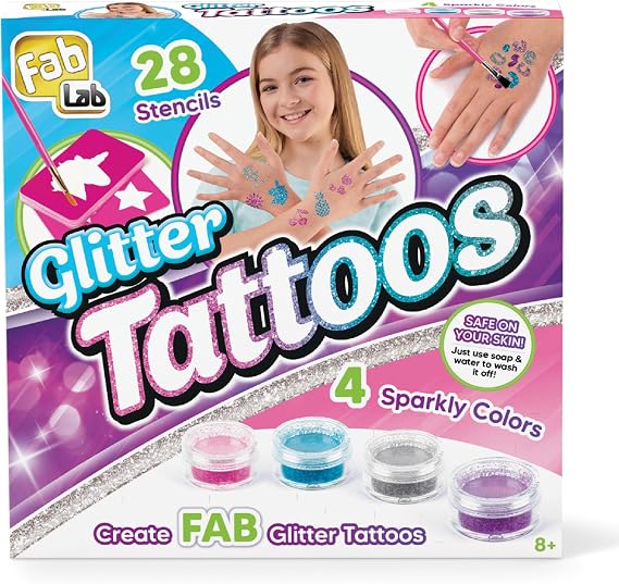 FabLab Glitter Tattoos Kit with 28 Stencils and Bio‑Glitter