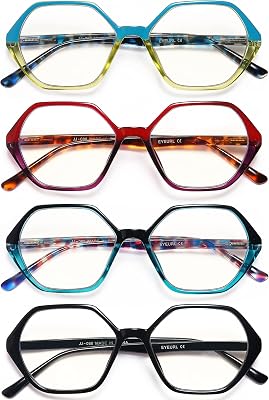 EYEURL Reading Glasses for Women 4-Pack Blue Light Blocking Reading Glasses Vintage Design Diamond-Shaped Frame Spring Hinge Readers Anti Glare Filter Lightweight Eyeglasses,2.0