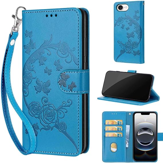 Wallet Case for iPhone 17e / iPhone 16e, Blue Flower