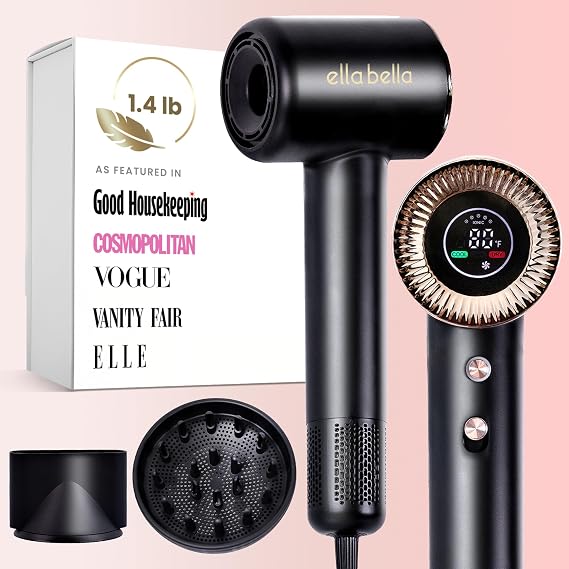 ELLA BELLA Compact Plasma Hair Dryer, Digital Display, Rapid Drying, Quiet