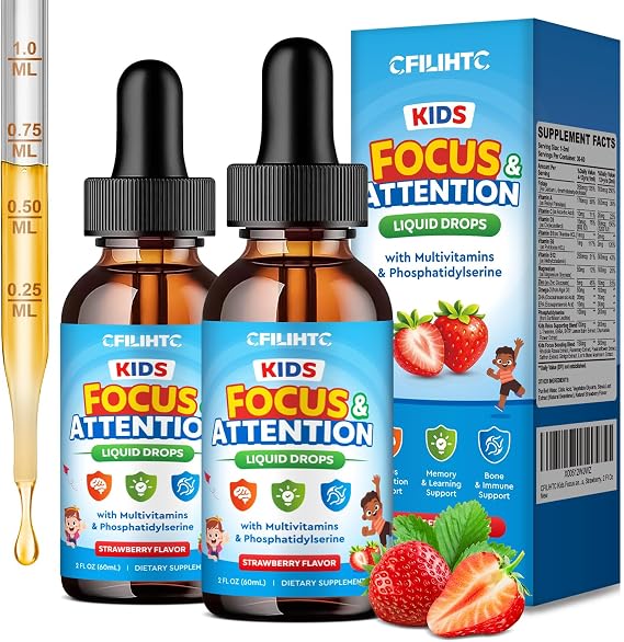 Kids Focus and Attention Supplements with Phosphatidylserine, Omega-3, Magnesium Glycinate & L-Theanine, Brain Vitamins Liquid Drops for Kids Memory, Cognitive, Sleep, Calm & Mood, Strawberry, 4 Fl Oz