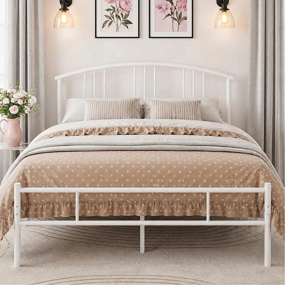 VECELO 14 inch Queen Bed Frame White Beds Metal Platform Mattress Foundation with headboard Footboard Steel Slat Support/No Box Spring Needed/Easy Assembly