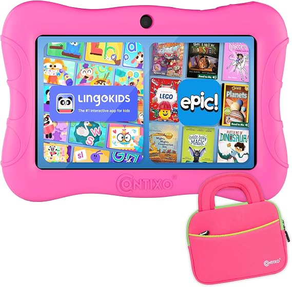 Contixo 7" Kids Tablet - V9 Android Tablet and Sleeve Bag Bundle with 14+ Academy Games and Educational Apps, 32GB, Dual Cameras, Parental Control, Perfect for Back to School, Pink