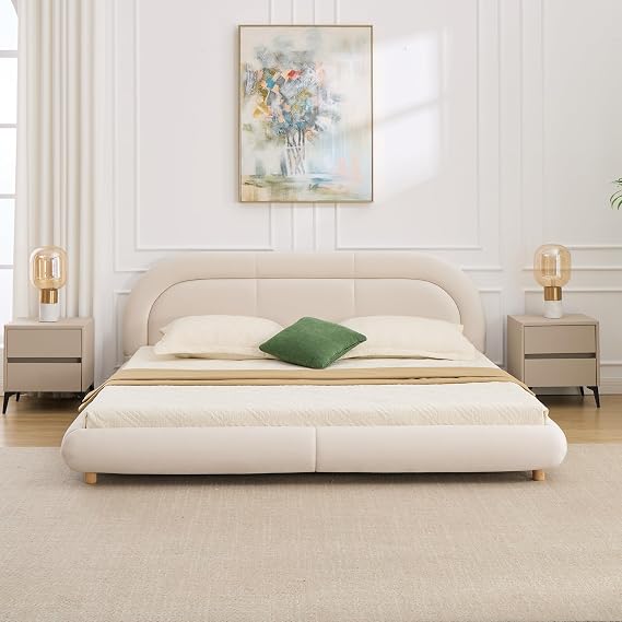 King Cloud Bed Frame with 5'' Thick Curved Headboard, Low Profile Upholstered Platform Bed, Velvet Marshmallow Bedframe, Recessed Mattress Platform, Wood Slat, No Box Spring Needed, Beige | Breathable material