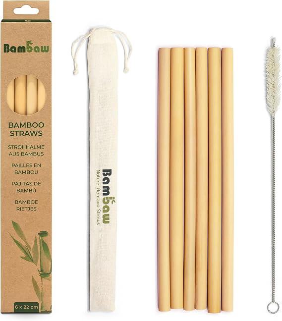 Bambaw Reusable Bamboo Straws - Strong & Durable, Biodegradable, Eco-Friendly, Pack of 6 - 22 cm