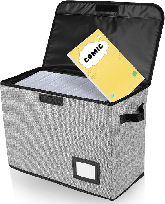 Comic Book Storage Box 40x20x30cm Foldable Comic Book Bin with Lids Washable Integrated Comic Book Organizer Short Box with Handle for Wardrobe Closet Shelf Office (Grey)