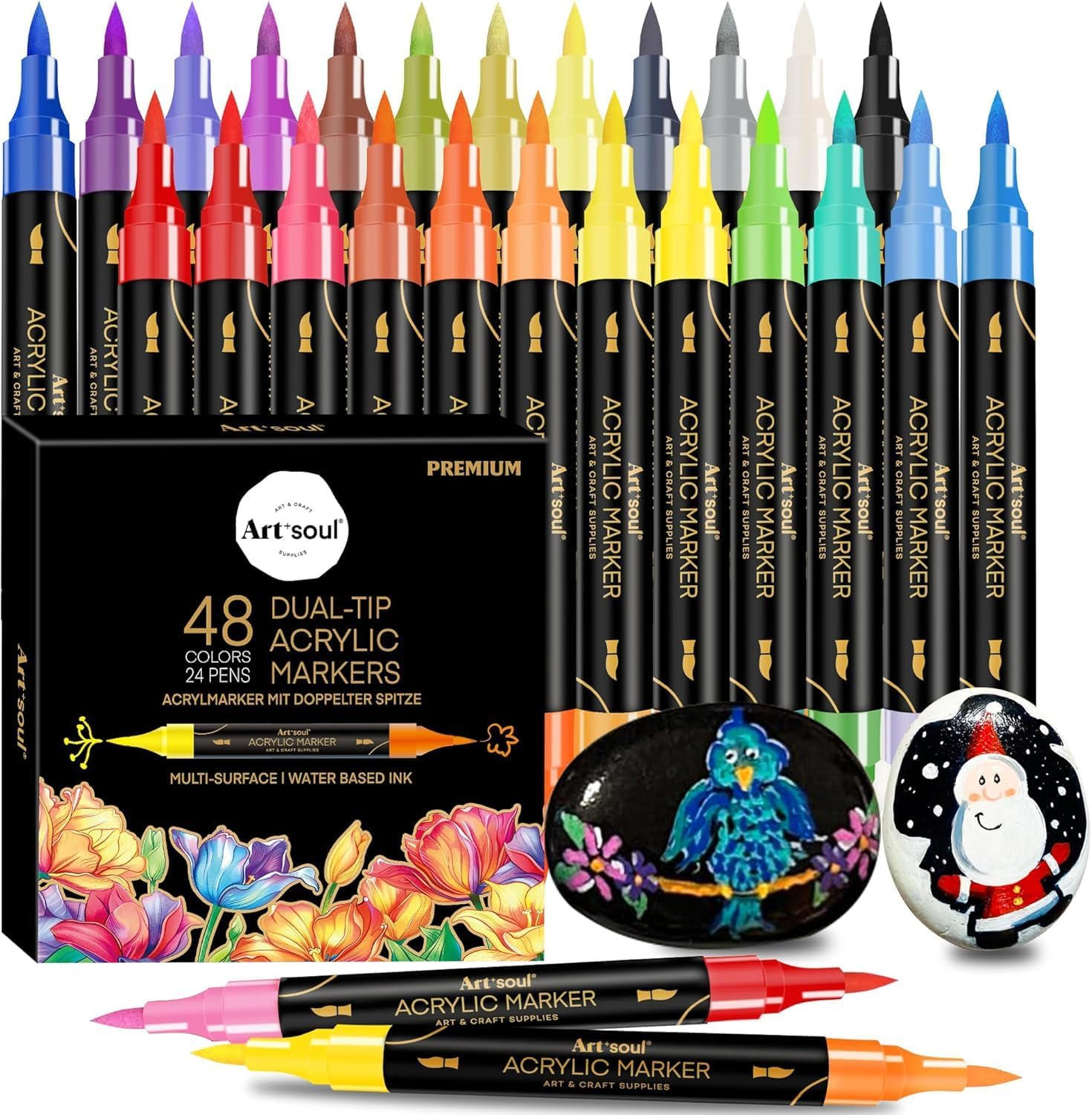 Art+soul 48 Colors Acrylic Pens, 24 Pack Dual Tip Acrylic Markers for Rock Painting, Wood, Stone, Canvas, Ceramic, Glass Surfaces, DIY Crafting &amp; Art Supplies