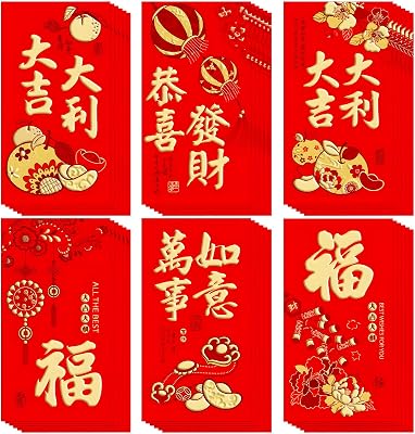 36 Pcs 6 Designs Chinese New Year Red Envelopes 2026, 3.5 x 6.7 Inches Hong Bao Lucky Money Cash Envelopes Red Packets Lai See for Spring Festival, Lunar New Year, Weddings, Birthdays, etc