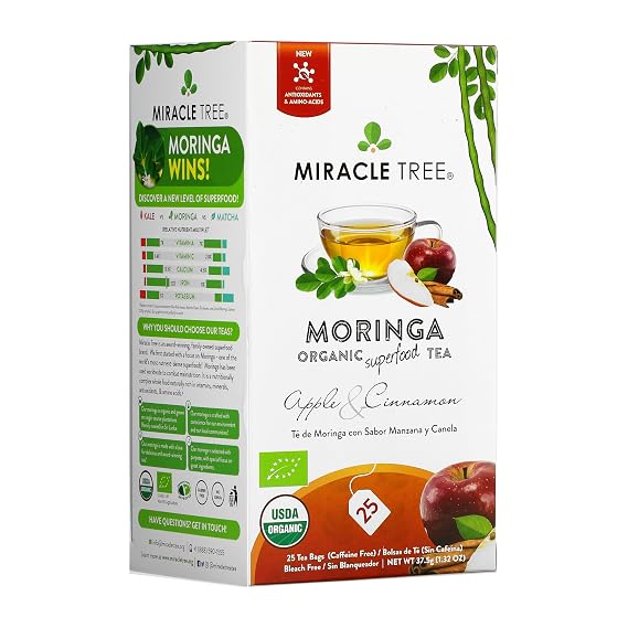 Miracle Tree Organic Moringa Tea, Apple Cinnamon, Caffeine-Free, 25 Bags