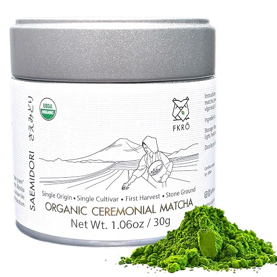 FKRO Organic Saemidori Ceremonial Grade Matcha Green Tea Powder | Single Cultivar 1st Harvest | Stone-Ground, Air-Flown Monthly from Japan | 30g Tin