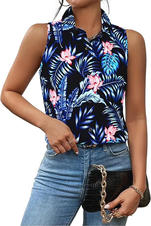 Hawaiian Shirts for Women Soft Cool Summer Hawaii Shirt Floral Tropic Print V Neck Tank Tops Beach Sleeveless Blouse