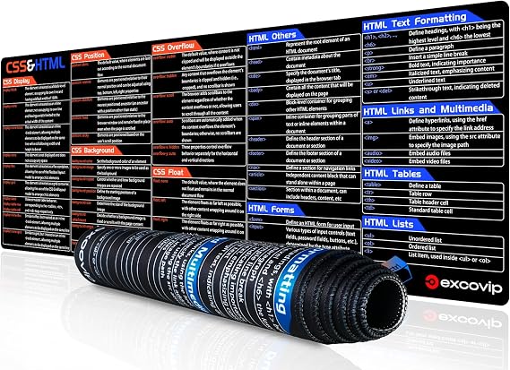 excovip CSS&HTML Commands Mouse Pad XL - Unique Desk Mouse Mat with Built-in Cheat Sheet - Easy to Clean Mouse and Keyboard Pad 0485